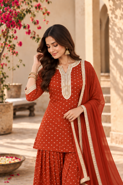 ASHIMA RUST BANDHEJ FARSHI SET WITH DUPATTA