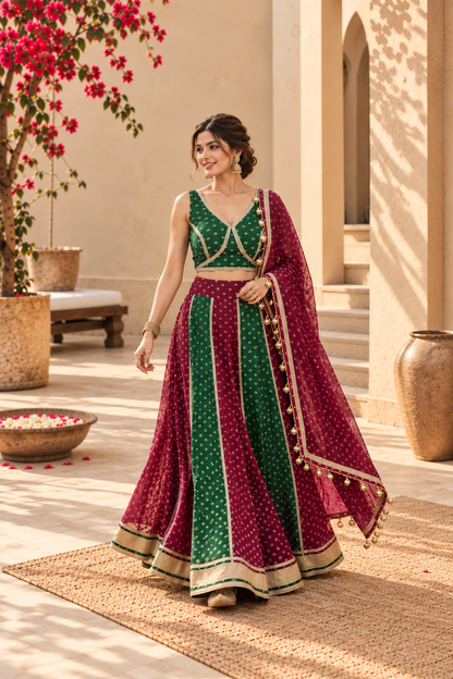ISHA WINE-BOTTLE GREEN BANDHEJ LEHENGA