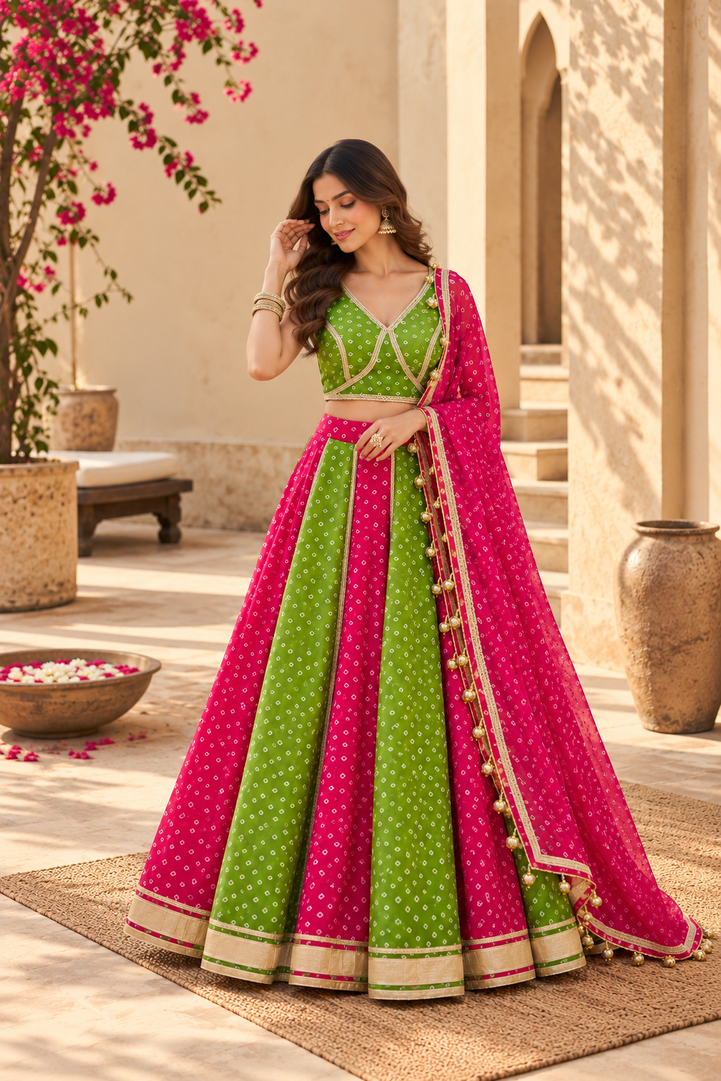 MITHILA GREEN-PINK KALI BANDHEJ LEHENGA