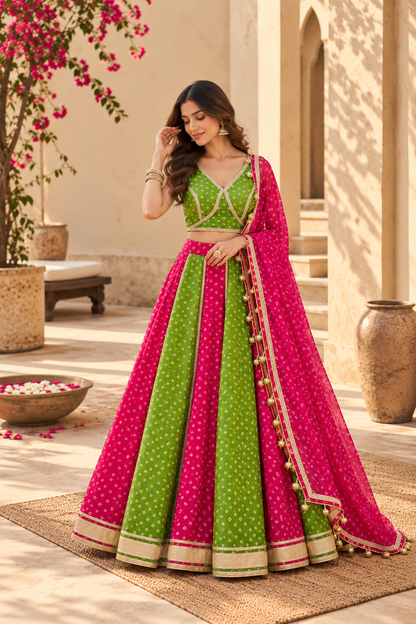 MITHILA GREEN-PINK KALI BANDHEJ LEHENGA