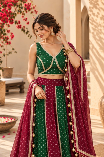 ISHA WINE-BOTTLE GREEN BANDHEJ LEHENGA