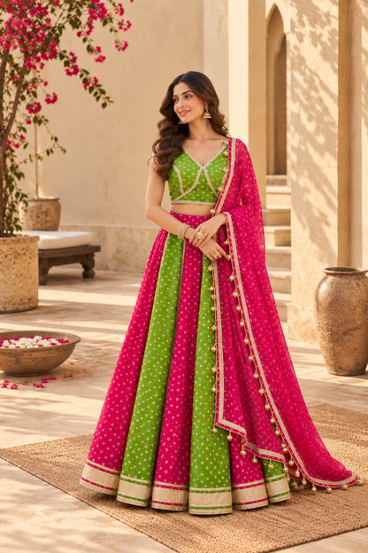 MITHILA GREEN-PINK KALI BANDHEJ LEHENGA