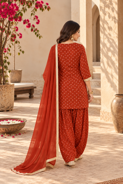 ASHIMA RUST BANDHEJ FARSHI SET WITH DUPATTA