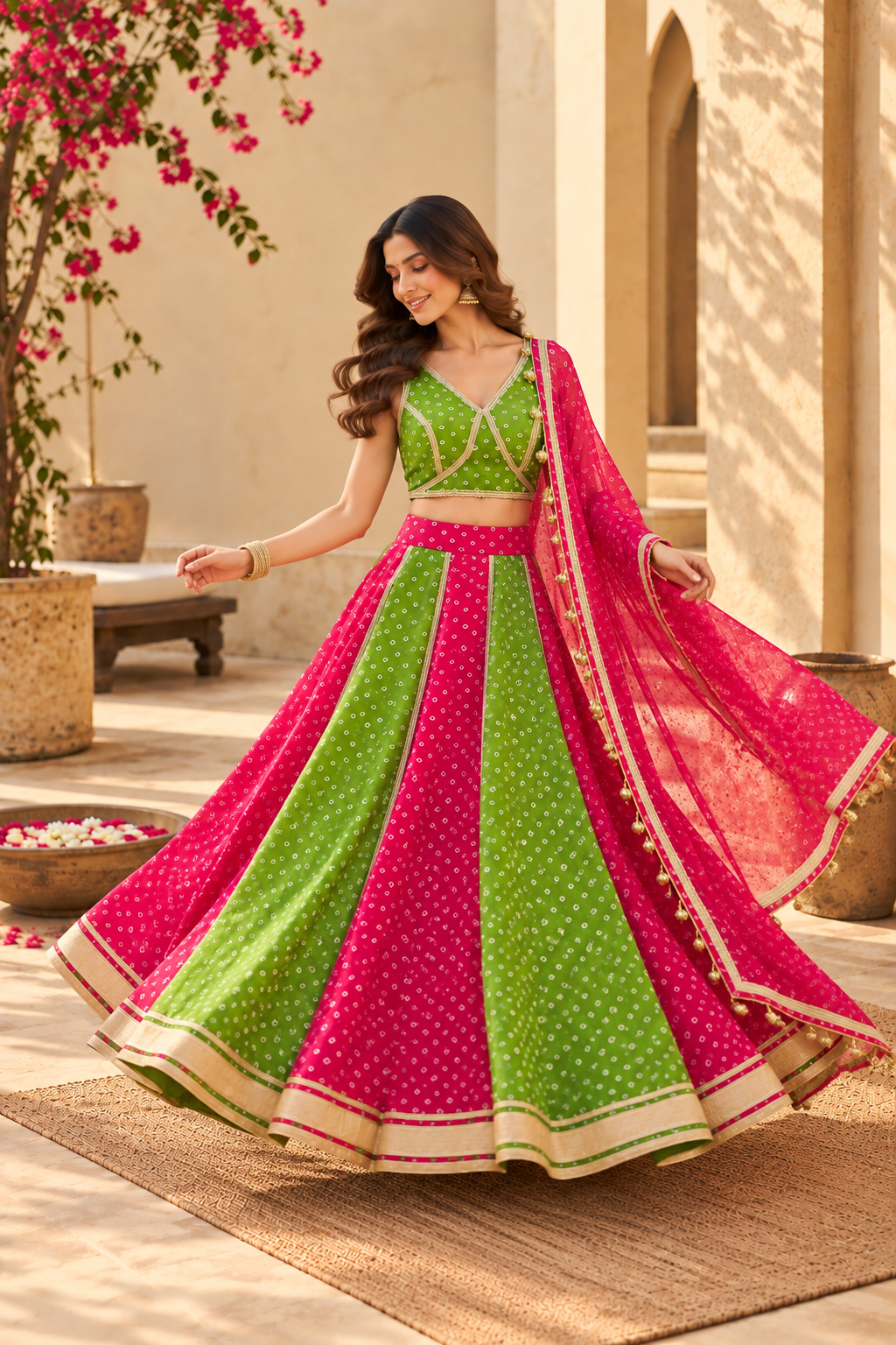 MITHILA GREEN-PINK KALI BANDHEJ LEHENGA