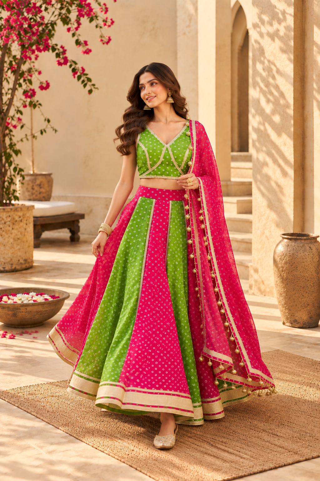 MITHILA GREEN-PINK KALI BANDHEJ LEHENGA