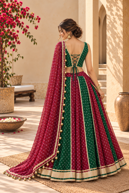 ISHA WINE-BOTTLE GREEN BANDHEJ LEHENGA