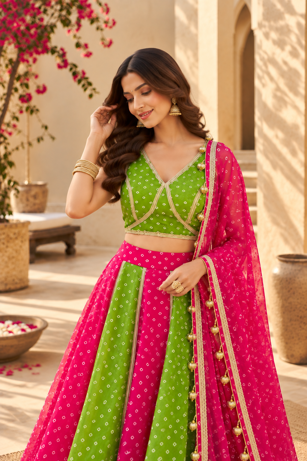 MITHILA GREEN-PINK KALI BANDHEJ LEHENGA