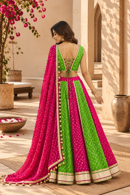 MITHILA GREEN-PINK KALI BANDHEJ LEHENGA