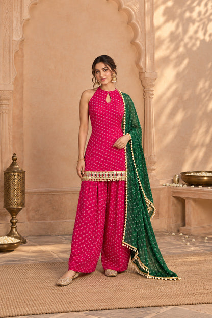 MAIRA PINK BANDHEJ MIRROR WORK FARSHI SET