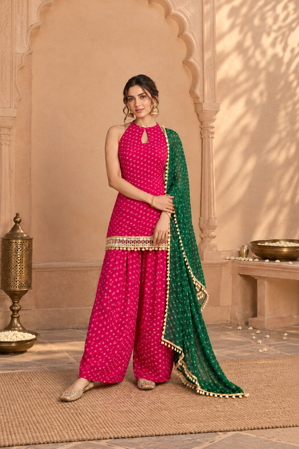 MAIRA PINK BANDHEJ MIRROR WORK FARSHI SET