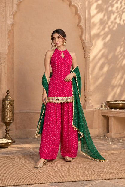 MAIRA PINK BANDHEJ MIRROR WORK FARSHI SET