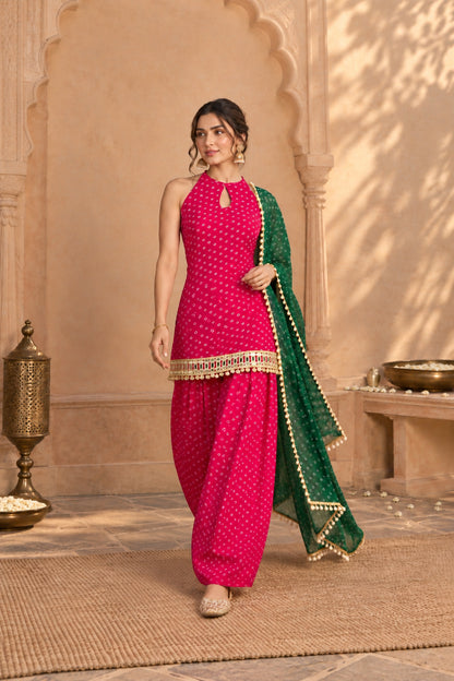 MAIRA PINK BANDHEJ MIRROR WORK FARSHI SET