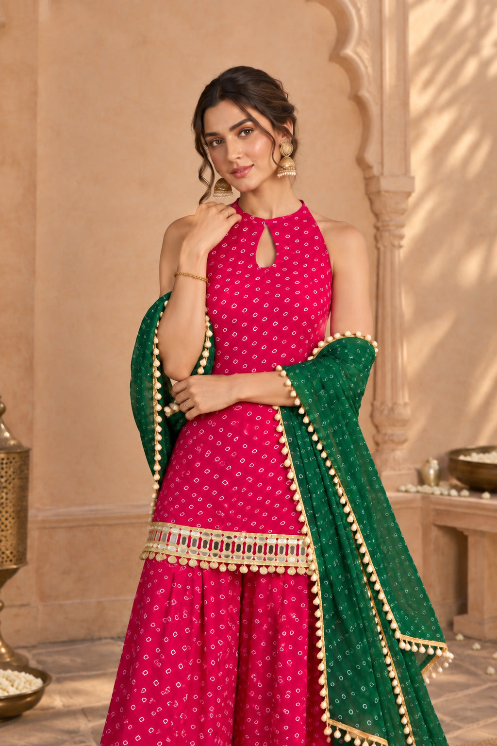 MAIRA PINK BANDHEJ MIRROR WORK FARSHI SET