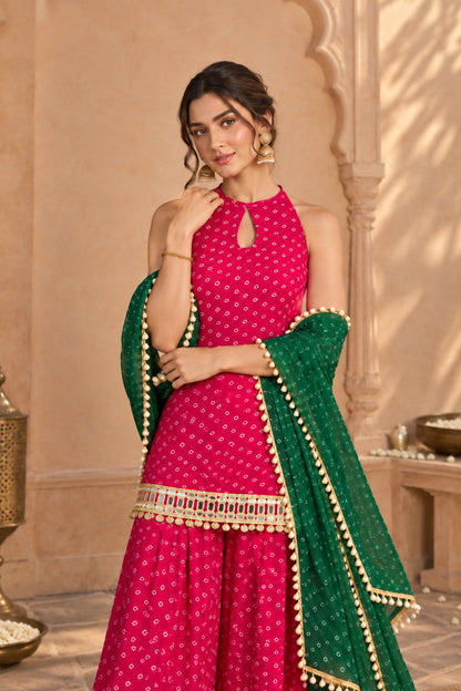 MAIRA PINK BANDHEJ MIRROR WORK FARSHI SET