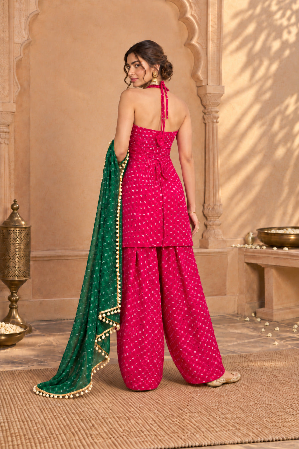 MAIRA PINK BANDHEJ MIRROR WORK FARSHI SET
