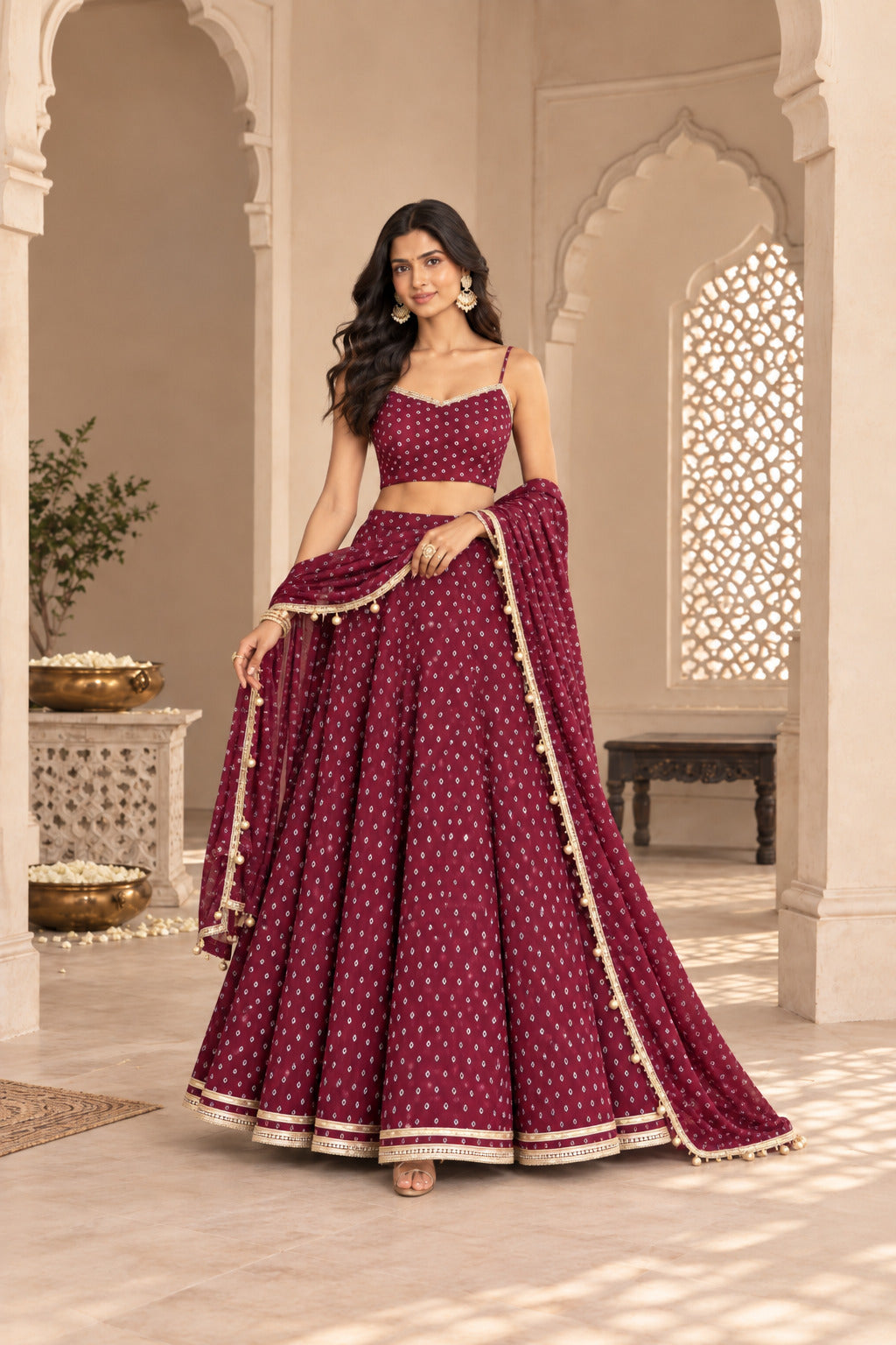 RASIKA WINE BANDHEJ LEHENGA SET