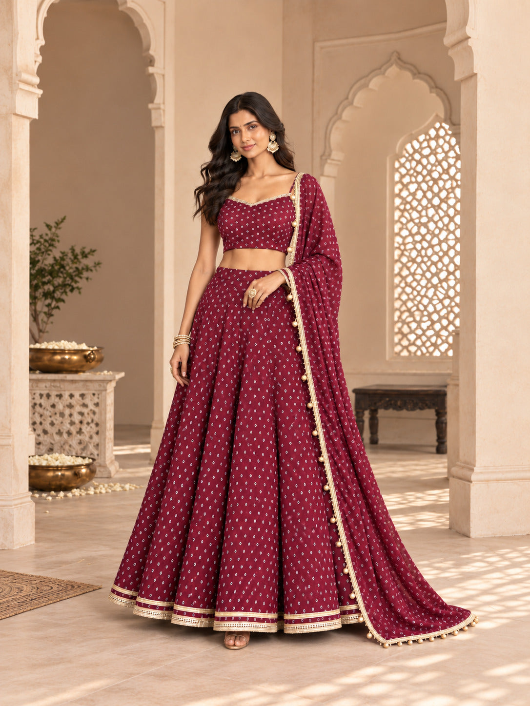 RASIKA WINE BANDHEJ LEHENGA SET
