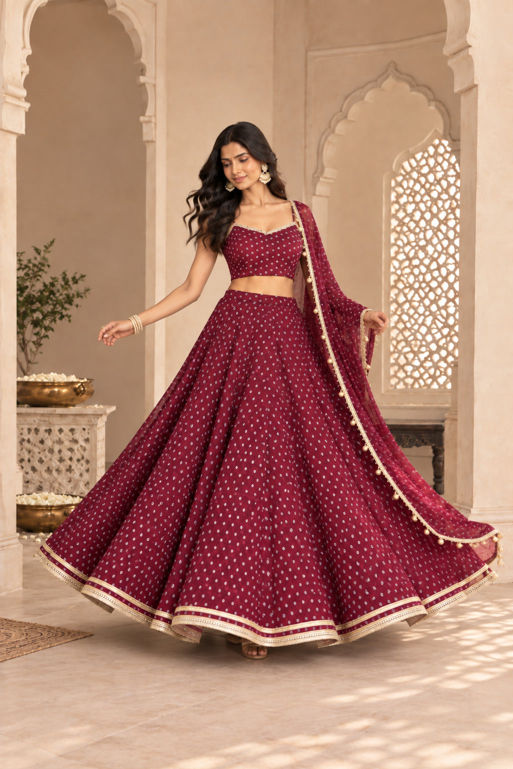 RASIKA WINE BANDHEJ LEHENGA SET