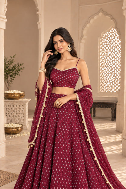 RASIKA WINE BANDHEJ LEHENGA SET