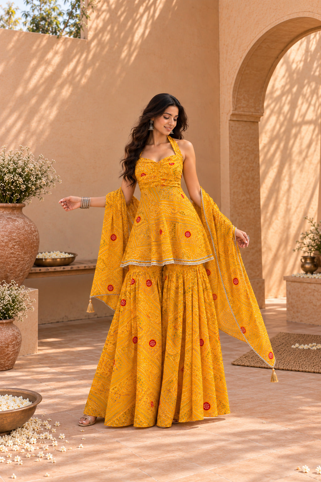 KHUSHBU YELLOW BANDHEJ SHARARA SET