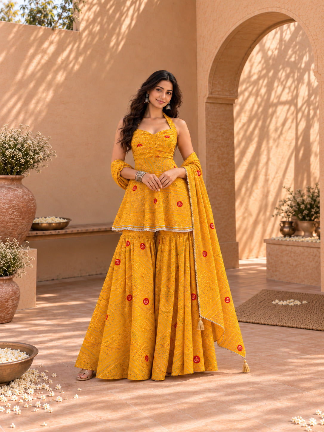KHUSHBU YELLOW BANDHEJ SHARARA SET