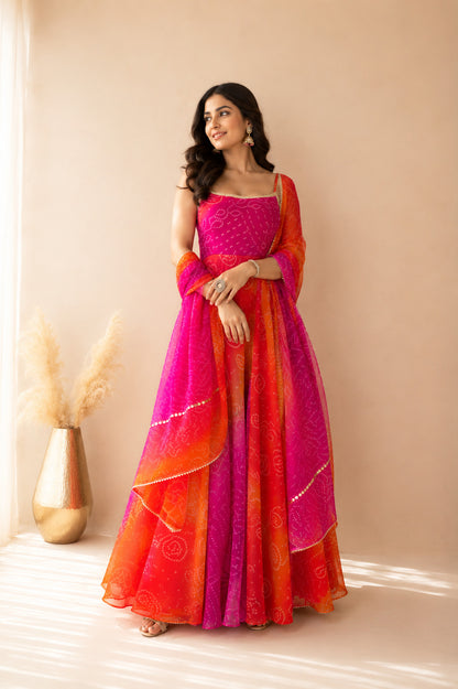 RAANIA OMBRE PINK ORANGE BANDHEJ ANARKALI SET