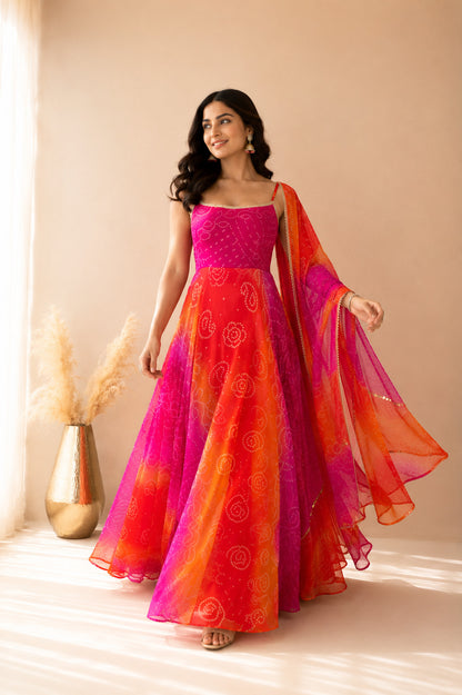 RAANIA OMBRE PINK ORANGE BANDHEJ ANARKALI SET