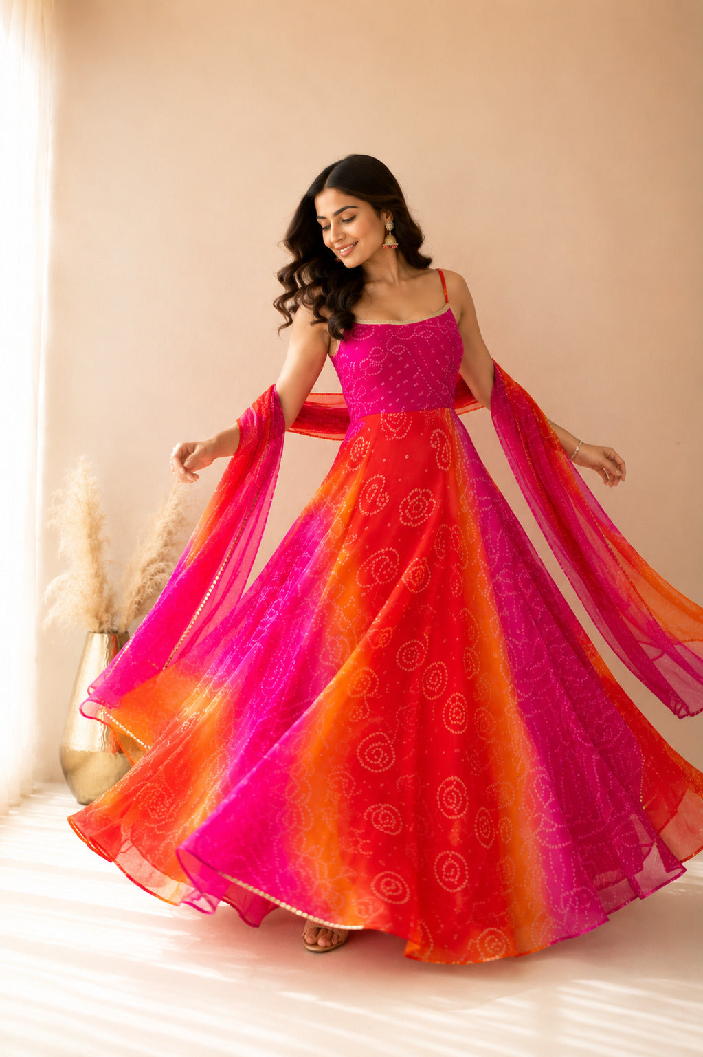 RAANIA OMBRE PINK ORANGE BANDHEJ ANARKALI SET