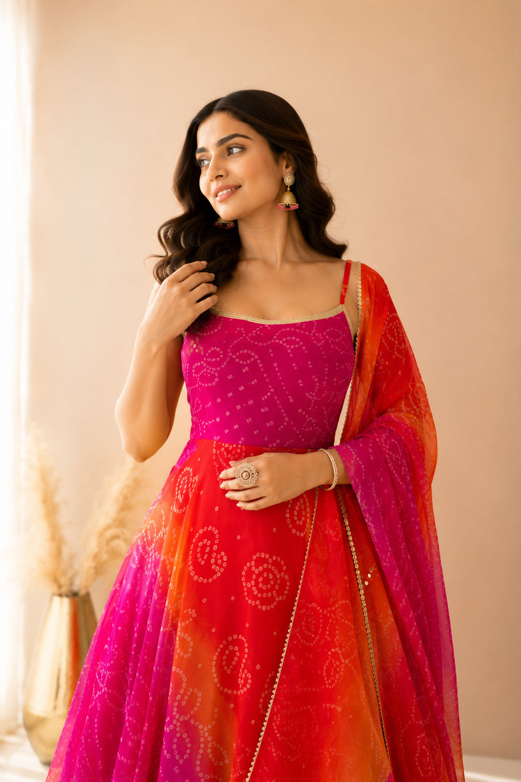 RAANIA OMBRE PINK ORANGE BANDHEJ ANARKALI SET