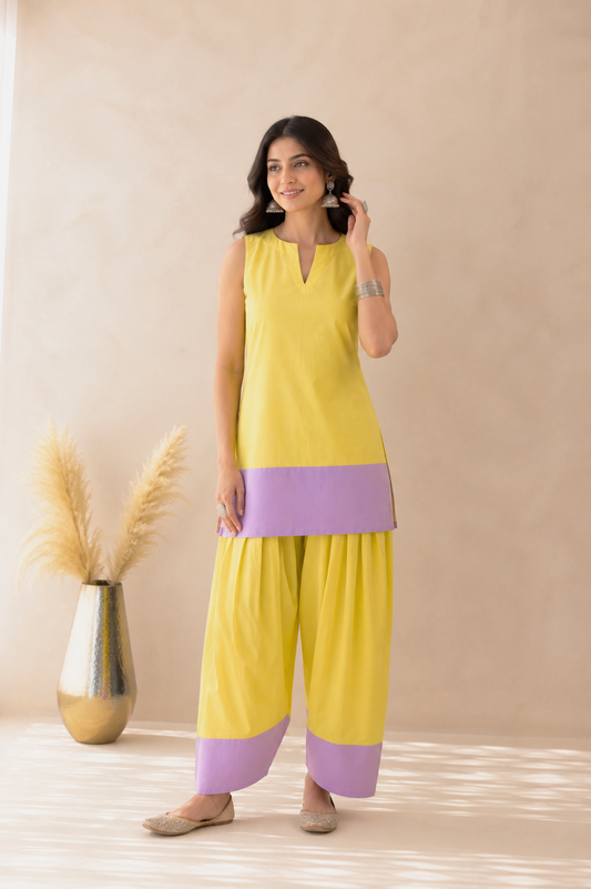 RUMAIZA BUTTER YELLOW& LAVENDER COLOR BLOCK FARSHI SET