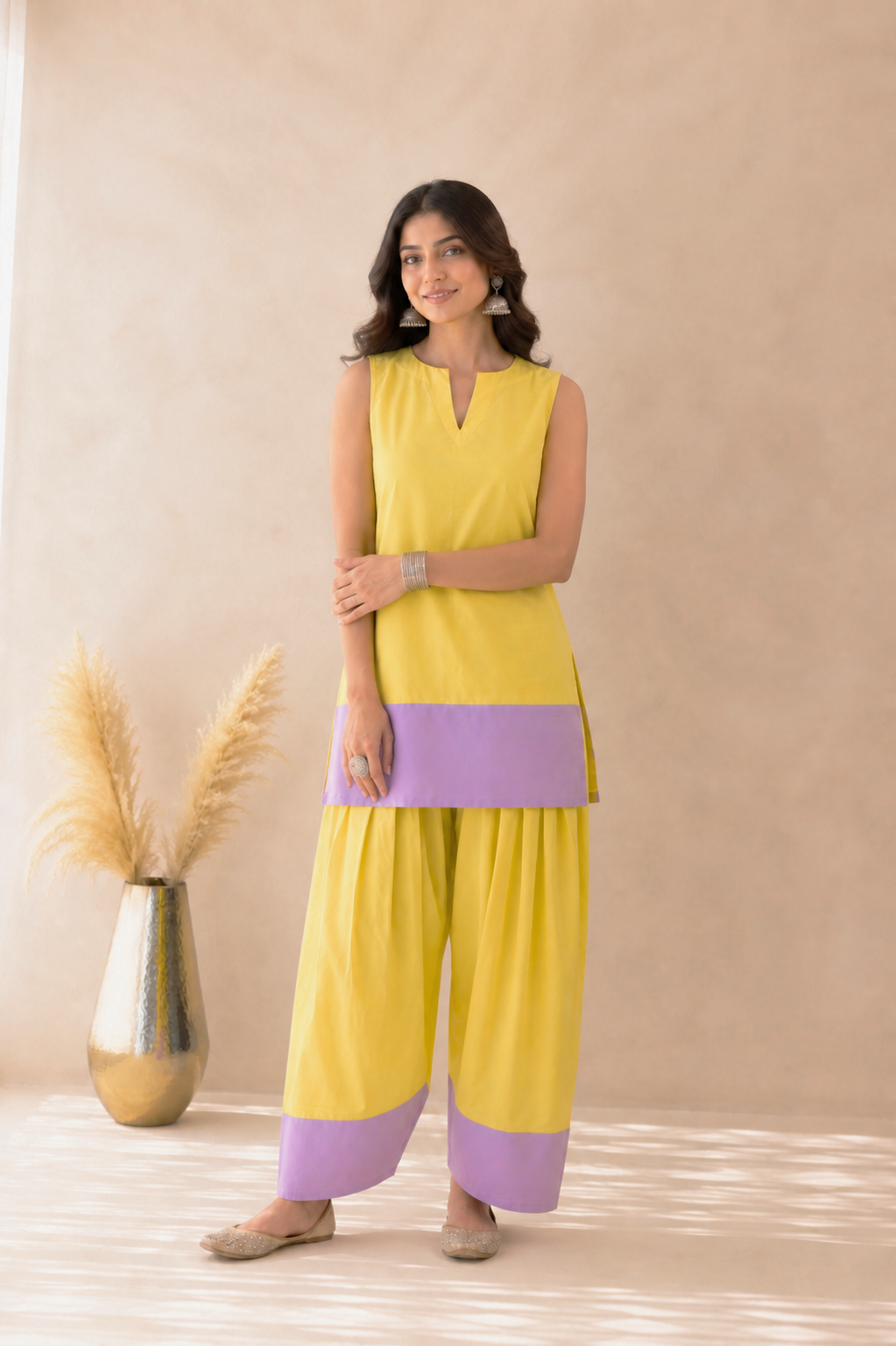 RUMAIZA BUTTER YELLOW& LAVENDER COLOR BLOCK FARSHI SET