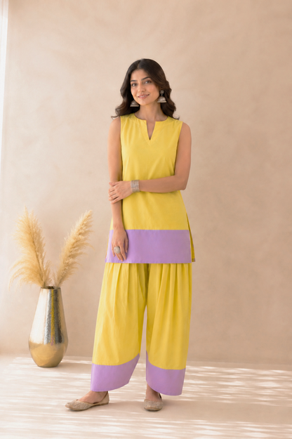 RUMAIZA BUTTER YELLOW& LAVENDER COLOR BLOCK FARSHI SET