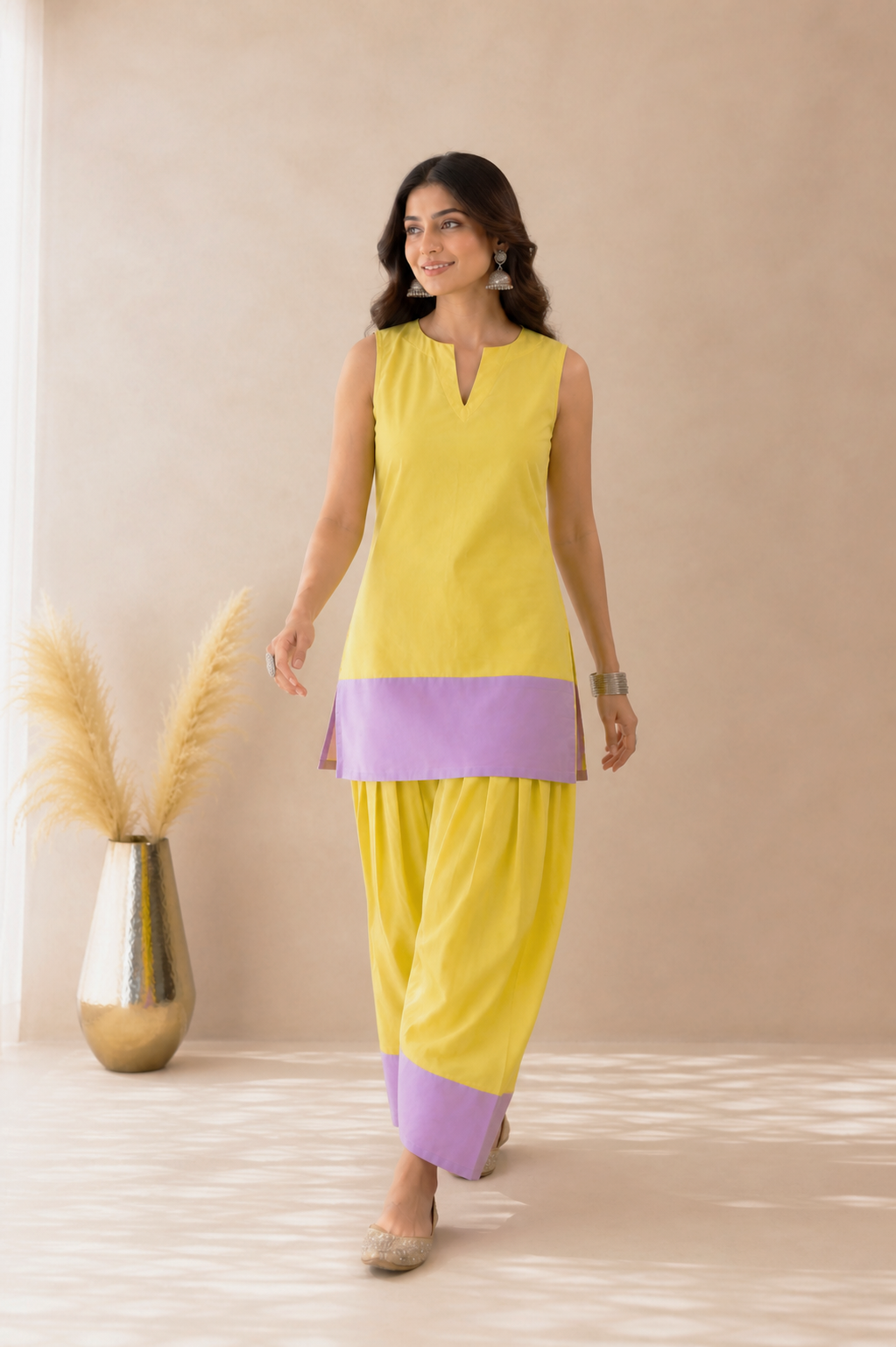 RUMAIZA BUTTER YELLOW& LAVENDER COLOR BLOCK FARSHI SET