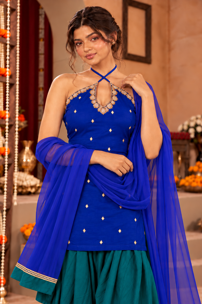 MRINMAI COBALT BLUE PEACOCK BLUE EMBELLISHED FARSHI SET