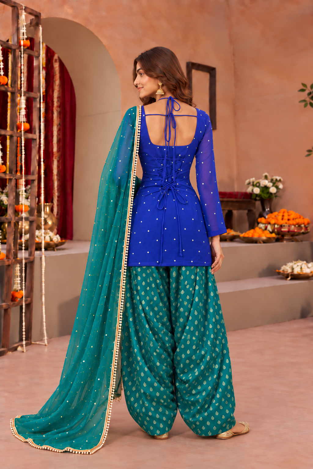 JAYA GREEN BLUE COLOR BLOCK FARSHI SET