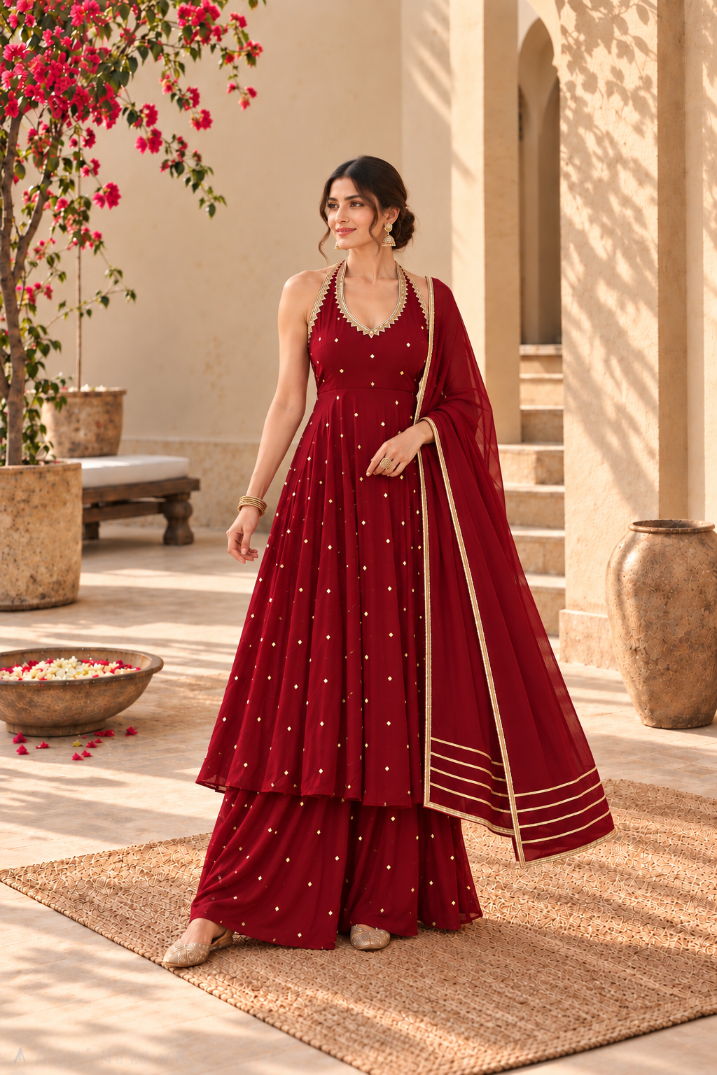AASTHA MAROON HALTER NECK ANARKALI SET