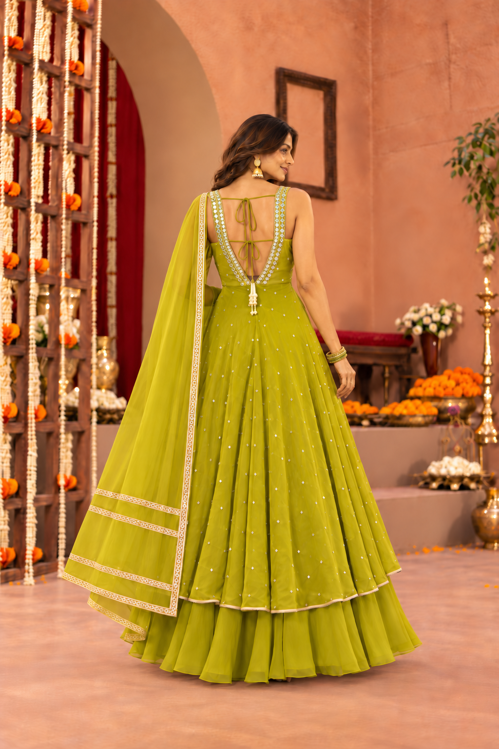 AKHILA GREEN FUSION ANARKALI SET