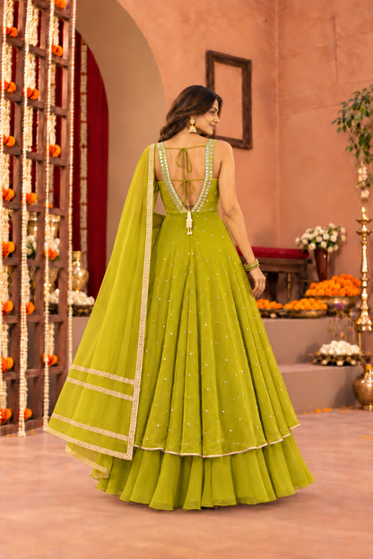 AKHILA GREEN FUSION ANARKALI SET