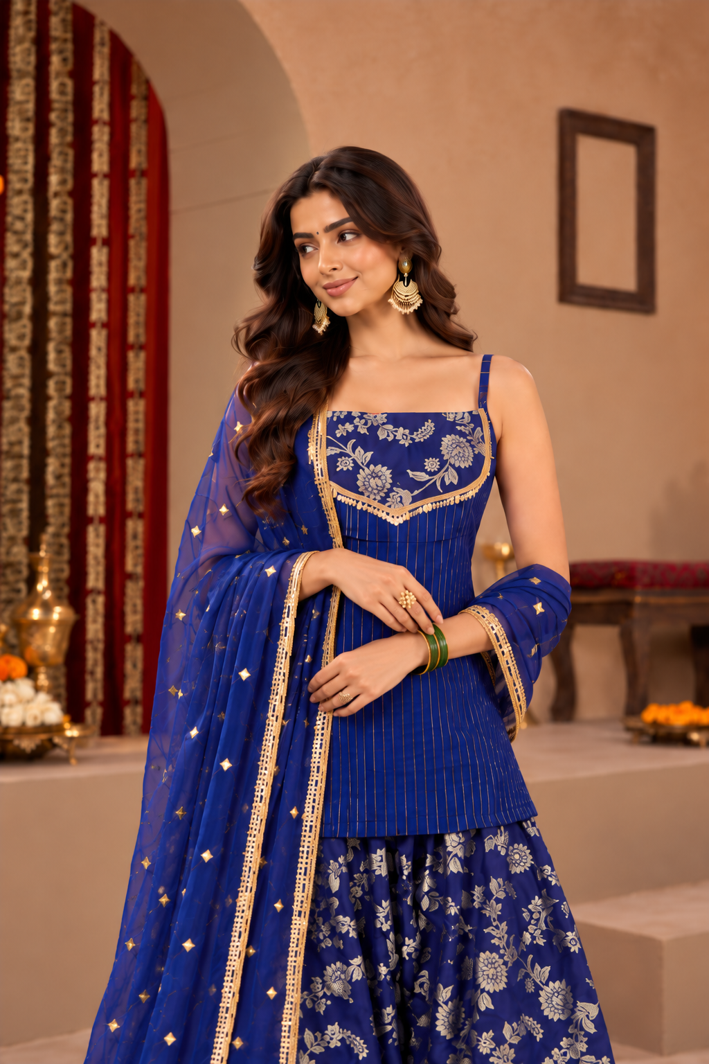 SRISHTI BLUE BROCADE COLOR BLOCK FARSHI SET