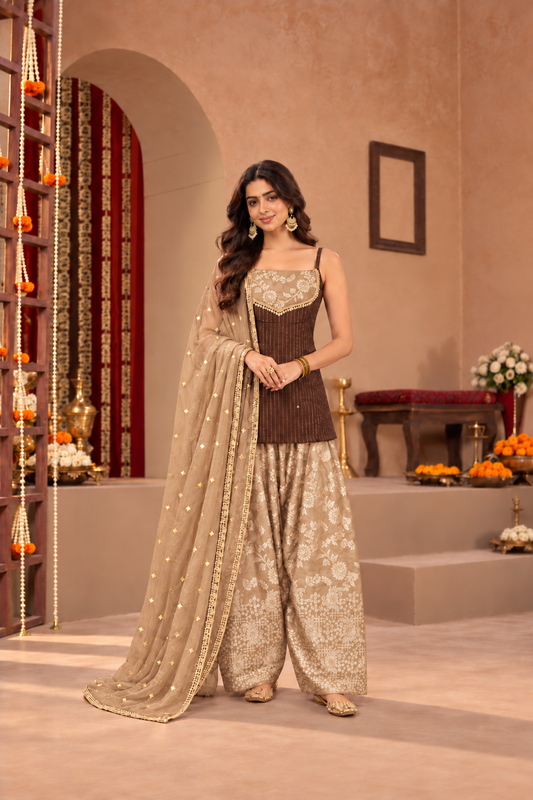 SHABANA COCO CHAMPAGNE BROCADE COLOR BLOCK FARSHI SET