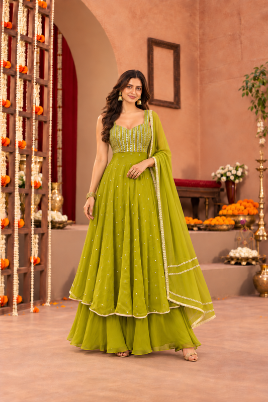 AKHILA GREEN FUSION ANARKALI SET