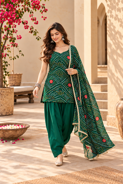 HANSIKA GREEN BANDHEJ FARSHI SET