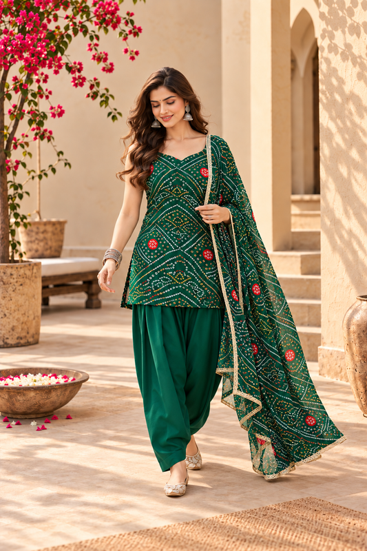 HANSIKA GREEN BANDHEJ FARSHI SET