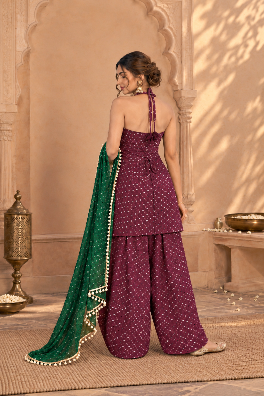 ERAM WINE BANDHEJ MIRROR WORK FARSHI SET