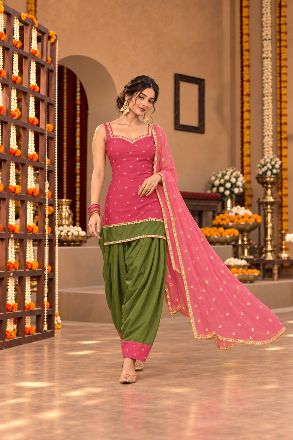 RAVIKA DUST ROSE GREEN COLOR BLOCK FARSHI SET