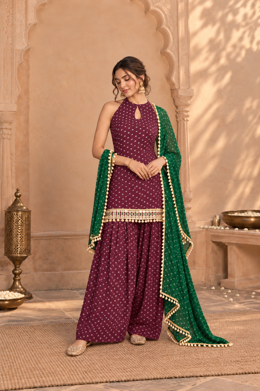 ERAM WINE BANDHEJ MIRROR WORK FARSHI SET