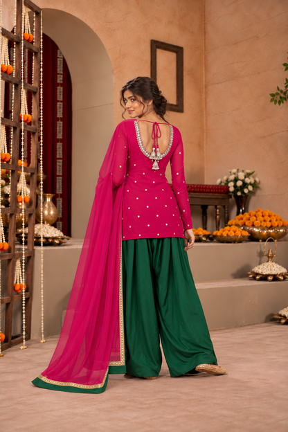 SABEEKA PINK GREEN EMBELLISHED FARSHI SET