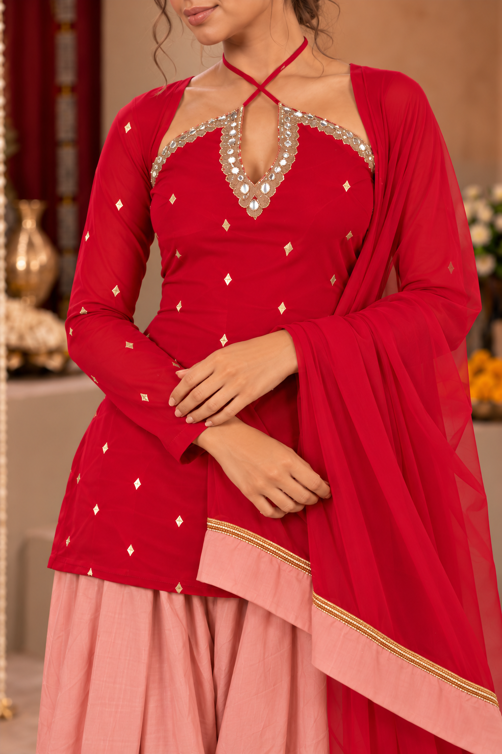 HAMNA RED BLUSH PINK EMBELLISHED FARSHI SET