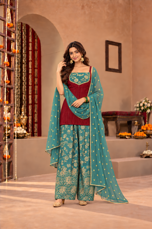 VIDYA MAROON TEAL BROCADE COLOR BLOCK FARSHI SET