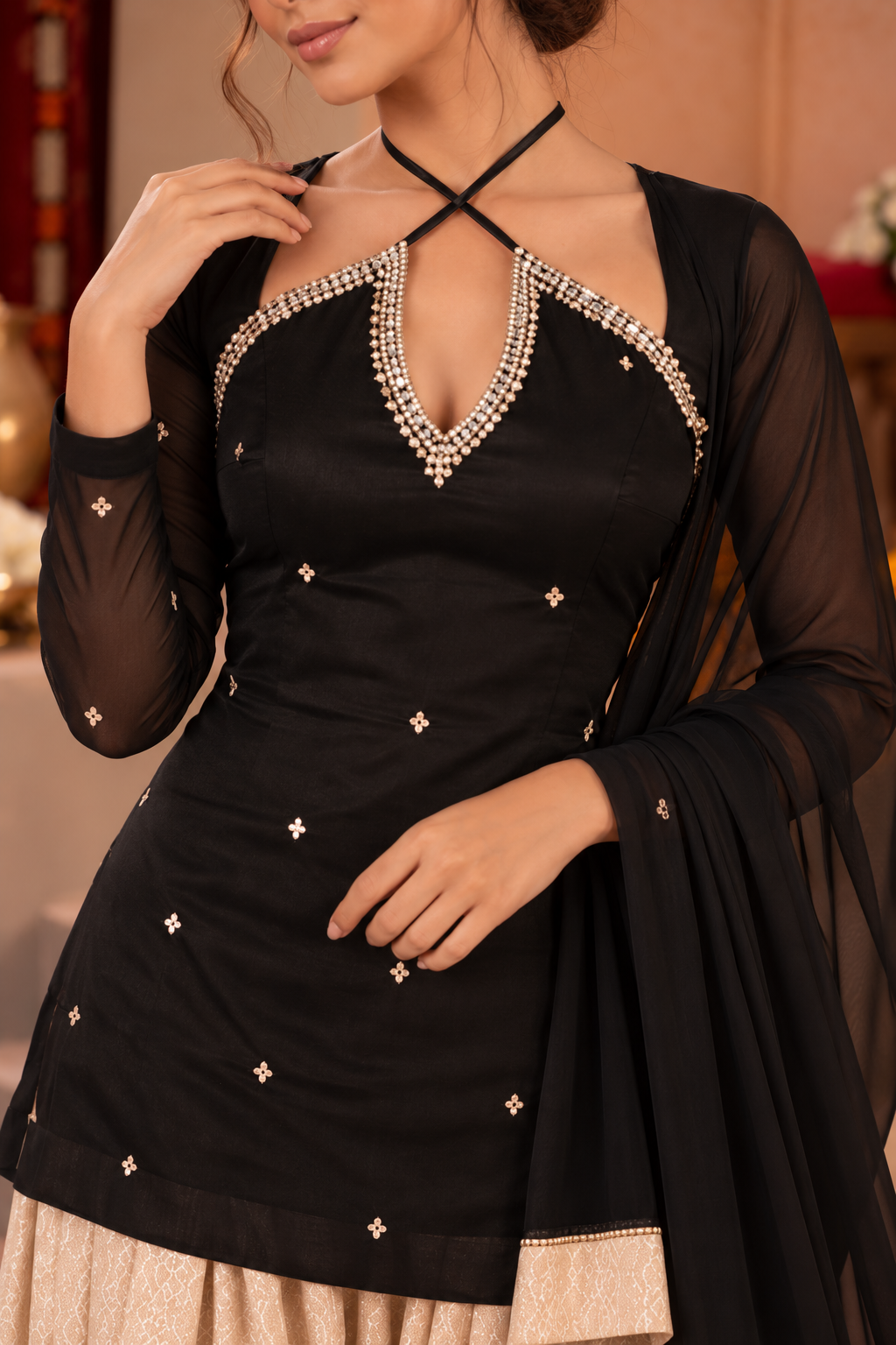 TEJI BLACK BEIGE EMBELLISHED FARSHI SET
